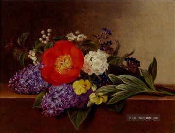  jensen - Flieder Veilchen Stiefmütterchen Hawthorn Stecklinge und Pfingstrosen auf einem Marmor Ledge Blume Johan Laurentz Jensen Blume
